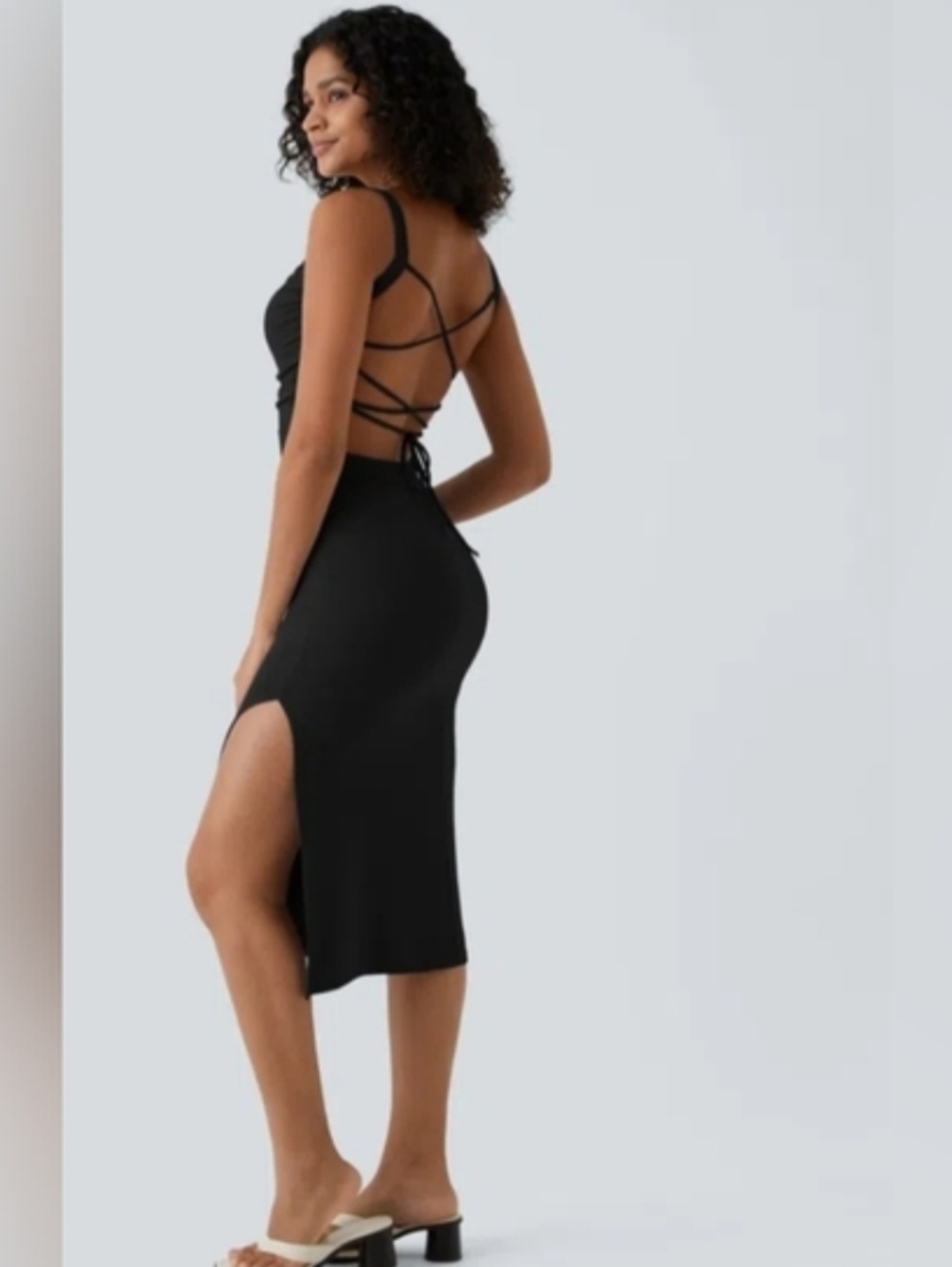 Halara Ruched Backless Crisscross Lace Up Split Bodycon Midi Casual Dress - Picture 2 of 6